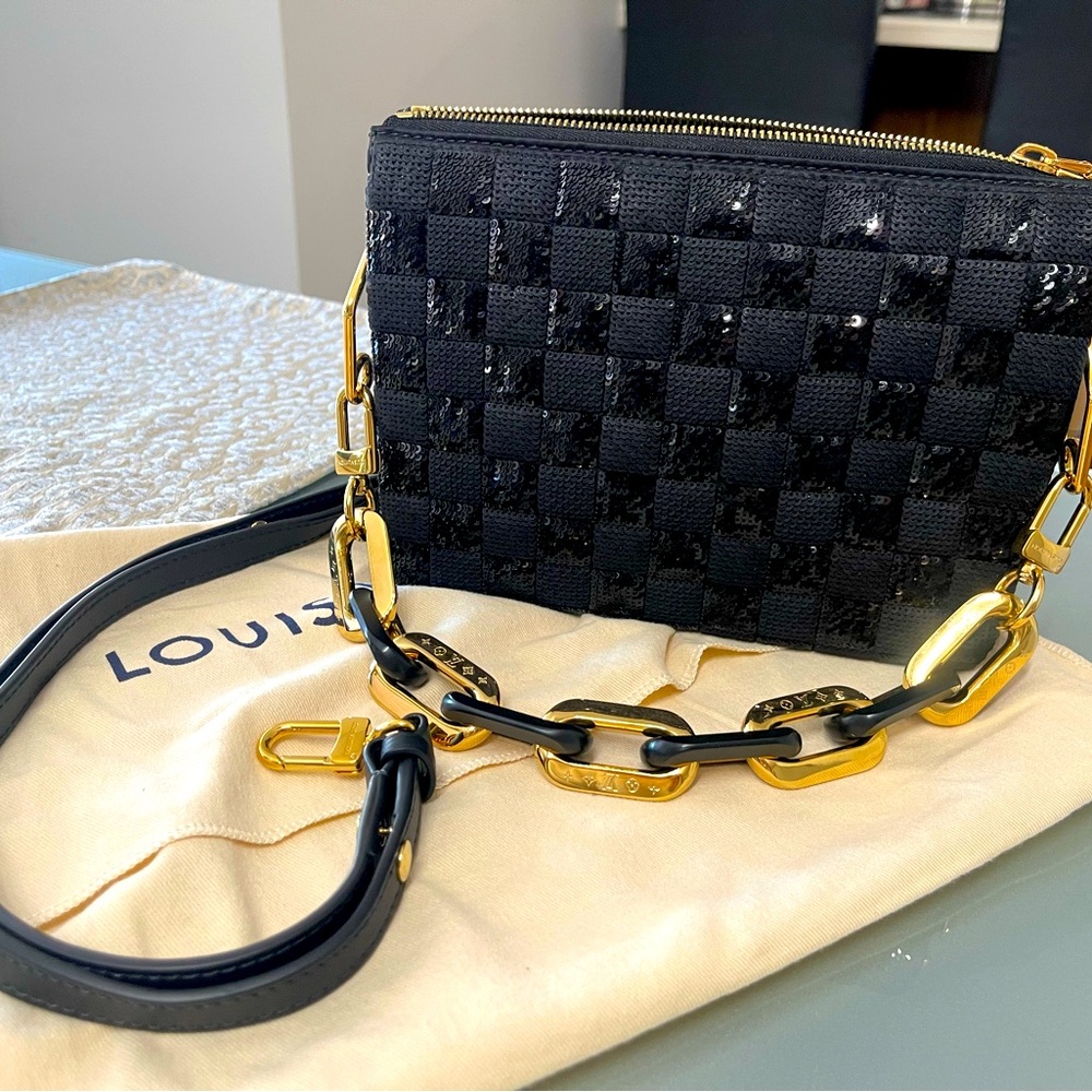 LOUIS VUITTON - Satin Sequin Embroidered Damier Coussin BB Black